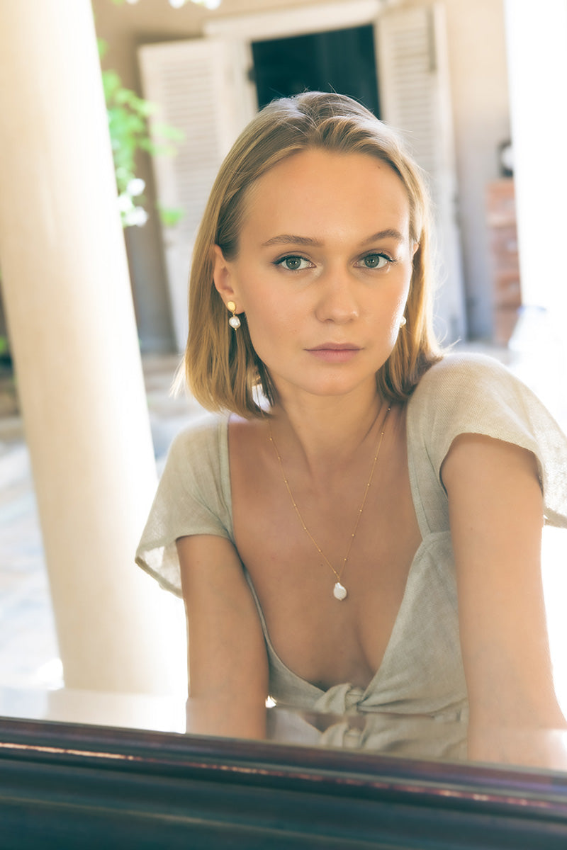 Imiri 18K Recycled Fine Gold Plated Freshwater Pearl Earrings - 925 Silver Posts