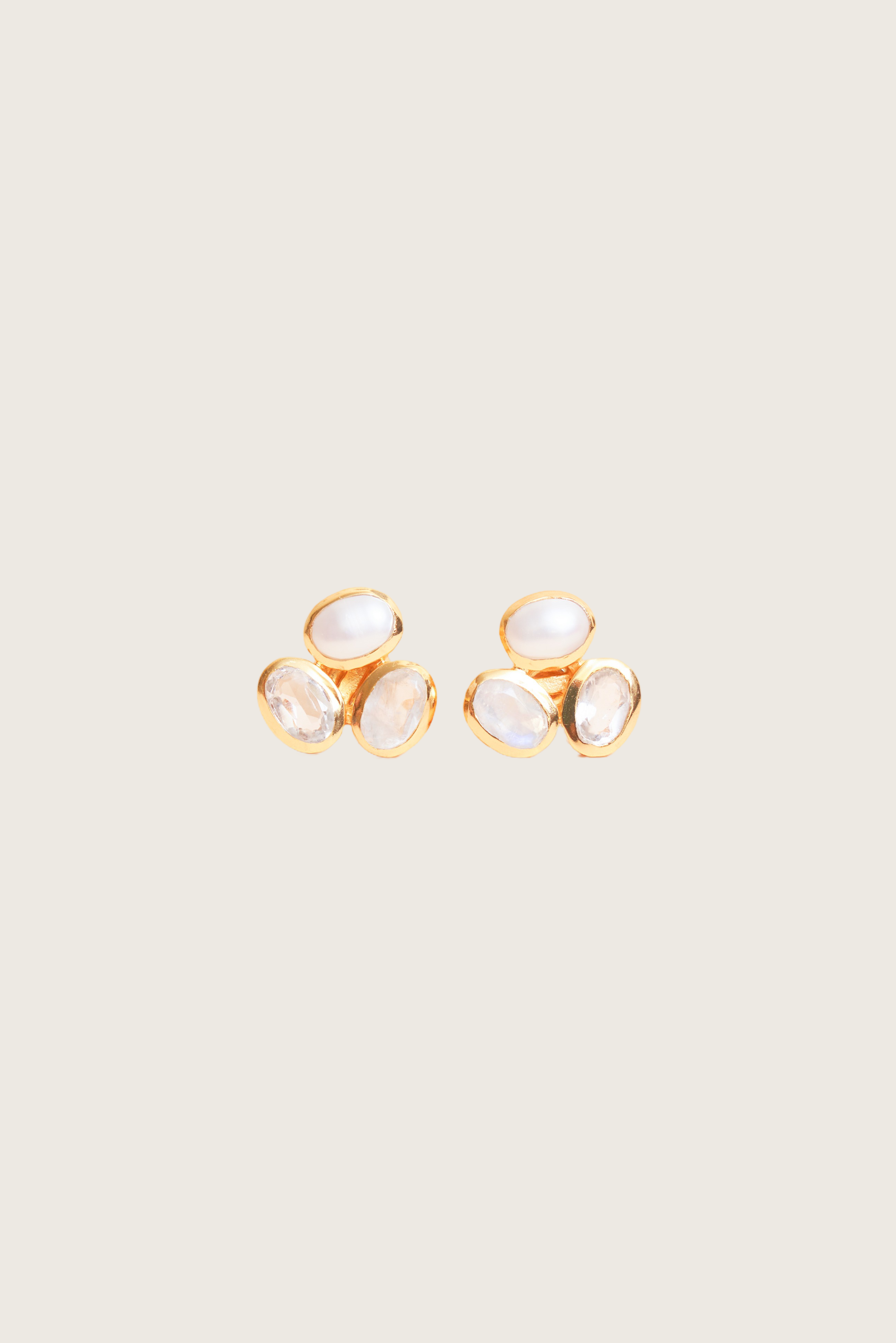 Ghani 18K Recycled Fine Gold Plated White Pearl / Rainbow Moonstone / Clear Quartz Earrings - 925 Silver Posts