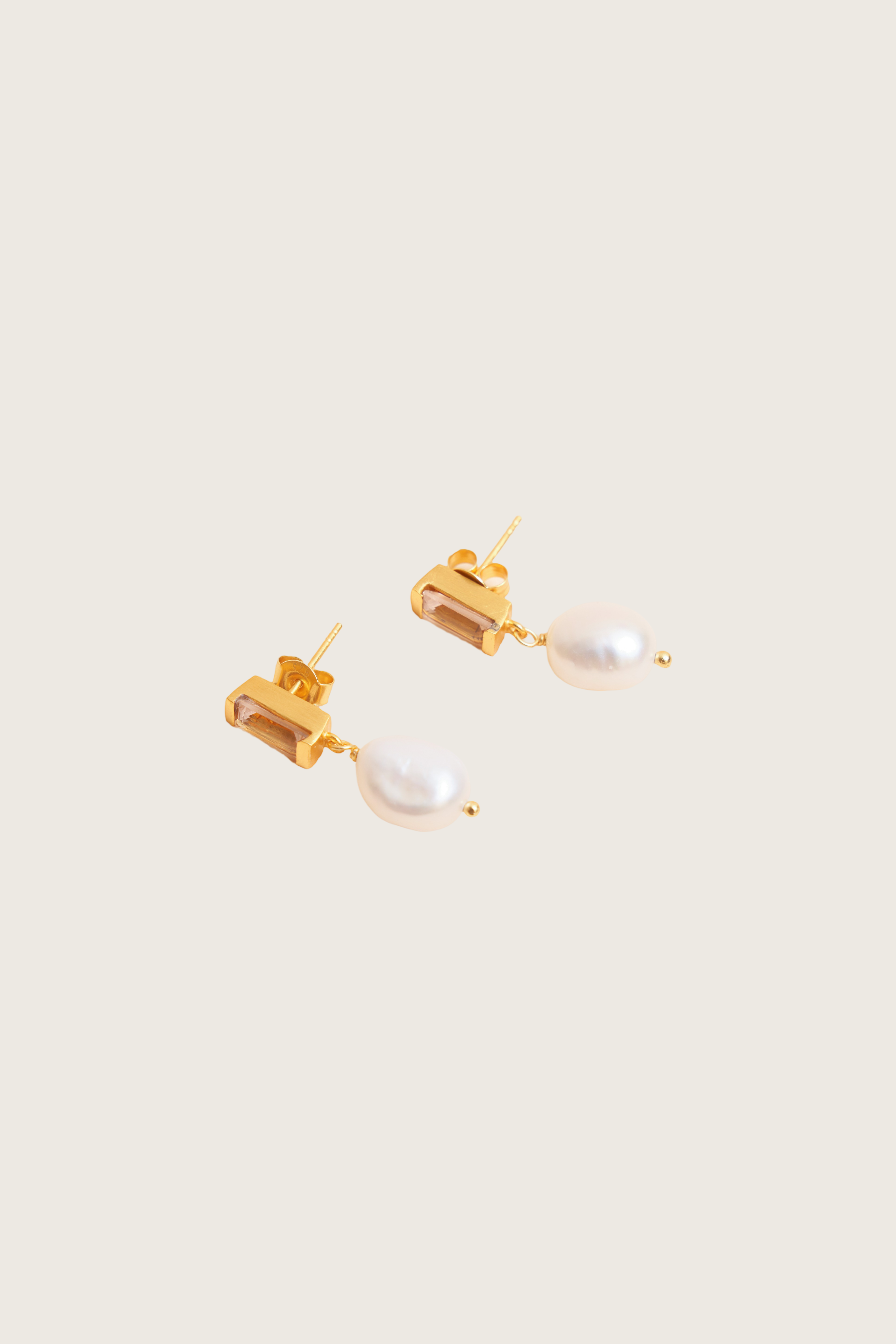 Madrih 18K Recycled Fine Gold Plated White Pearl / Green Amethyst Earrings - 925 Silver Posts