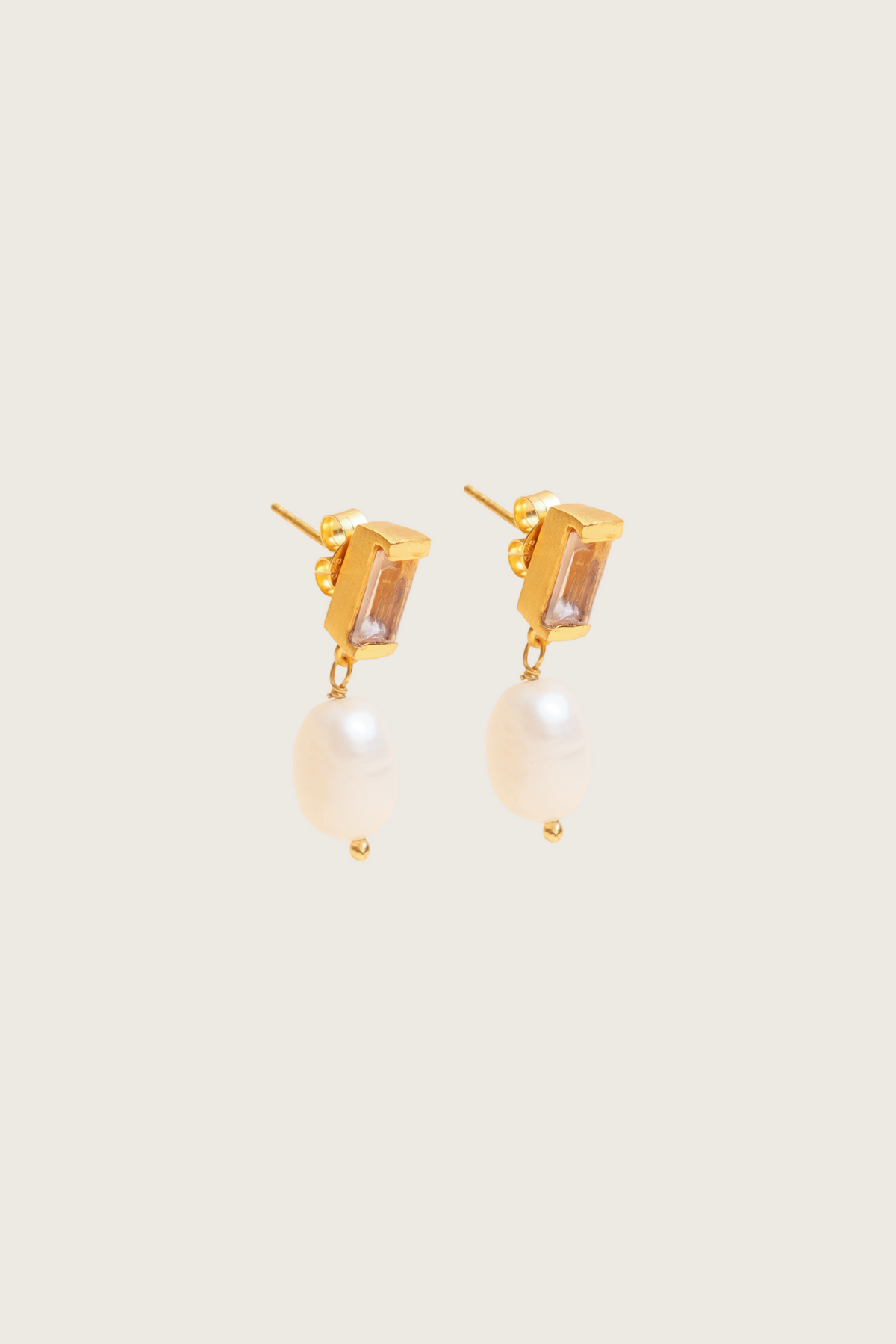 Madrih 18K Recycled Fine Gold Plated White Pearl / Morganite Earrings - 925 Silver Posts