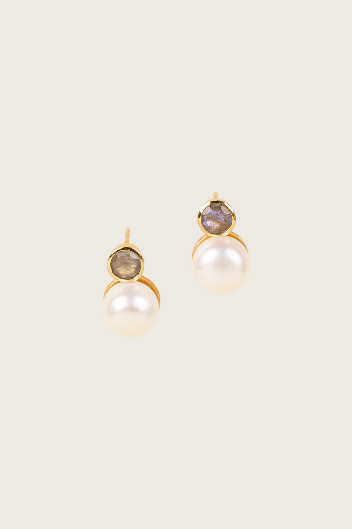 Pudiah 18K Recycled Fine Gold Plated White Pearl / Labradorite Earrings - 925 Silver Posts