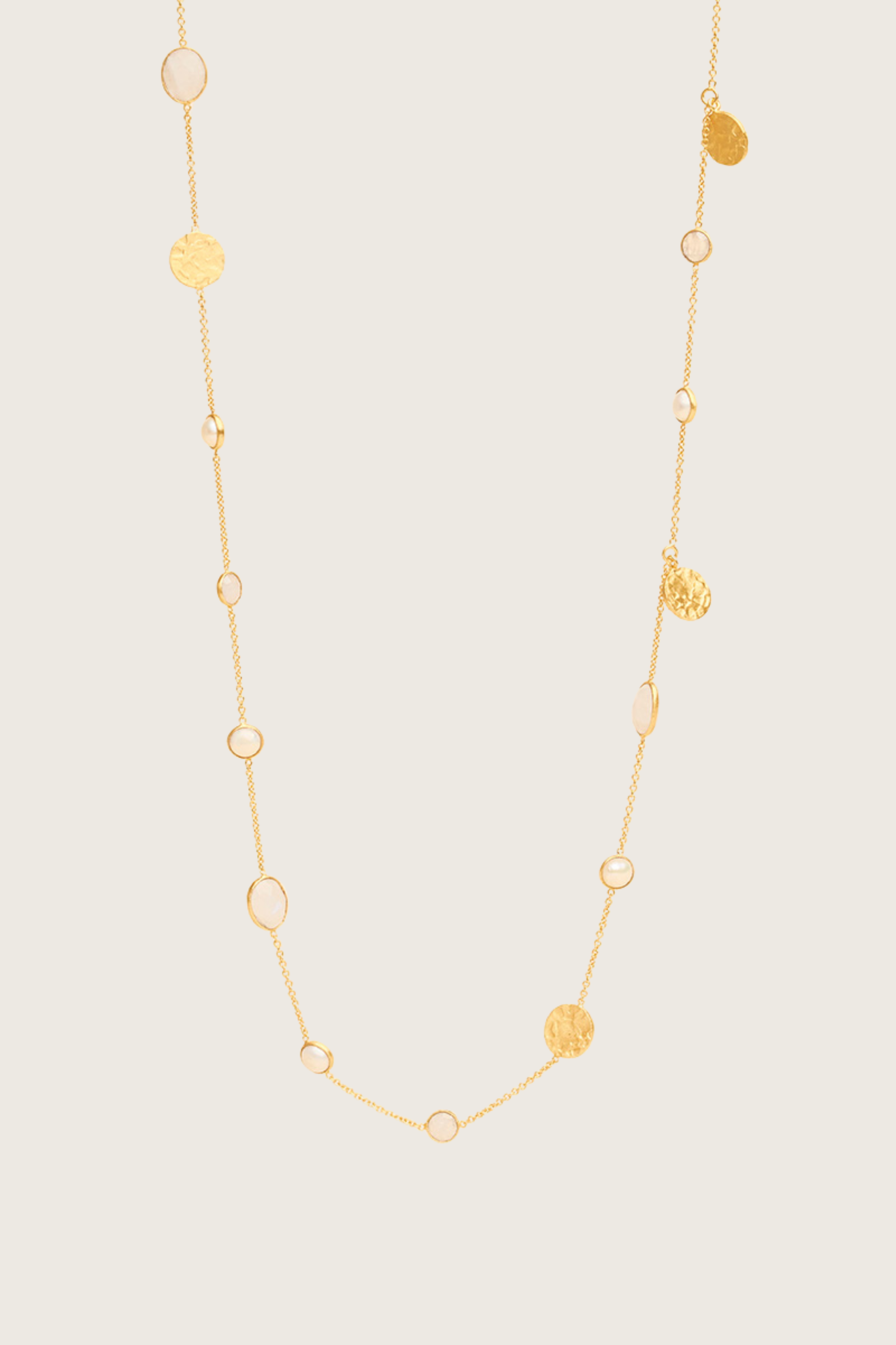 Minski 18K gerecycled fijn goud vergulde ketting, witte parel / regenboog maansteen