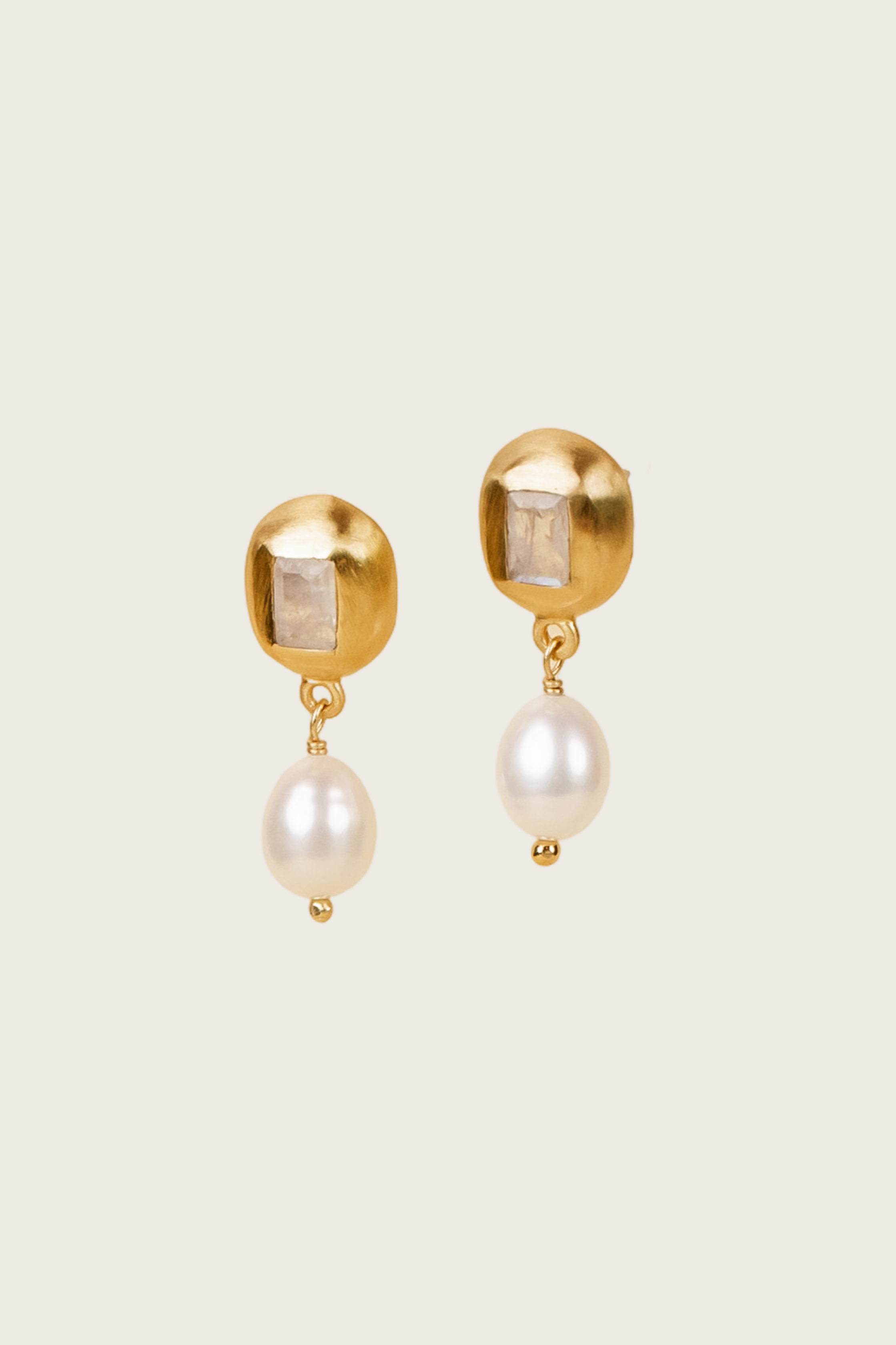 Zarela 18K Recycled Fine Gold Plated Freshwater Pearl / Rainbow Moonstone Earrings - 925 Silver Posts
