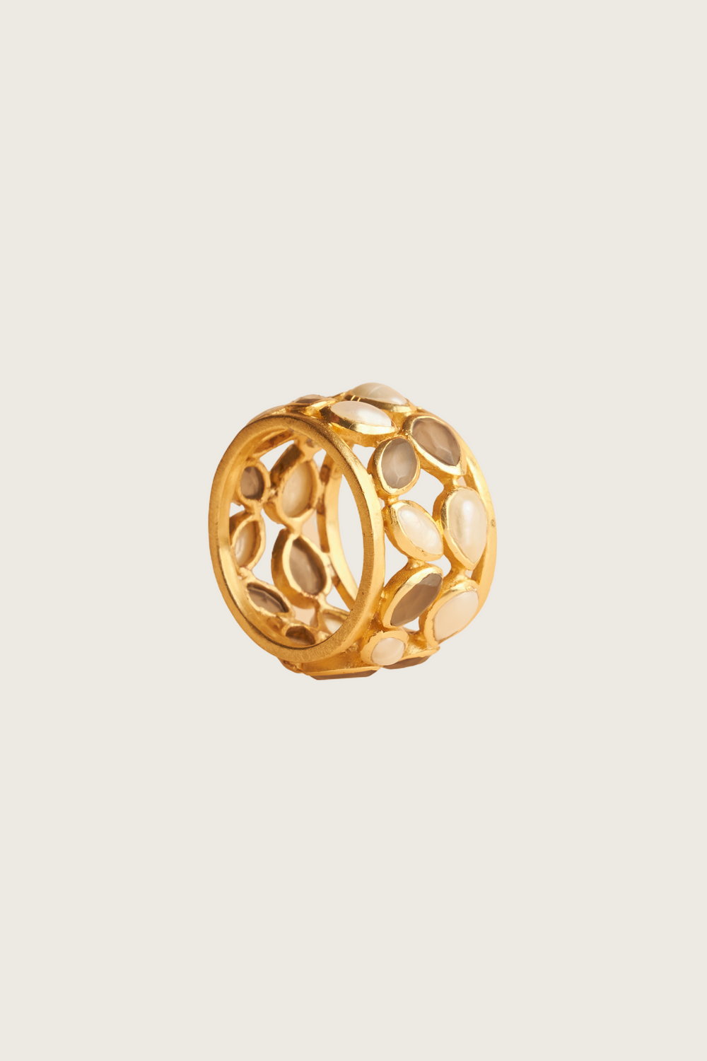 Imonas 18K gerecycled fijn goud vergulde ring, grijze maansteen / perzik maansteen